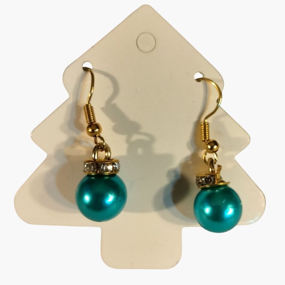 Pearl Drop Earrings Turquoise Blue Christmas Ornament Style